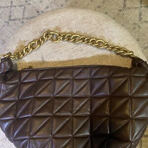 Zara Chocolate Quilted Shoulder Bag with Gold Chain